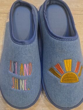 Rae Dunn "Rise and Shine" Denim Blue Slippers